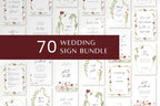 Editable floral wedding sign bundle with 70 coordinated printable wedding signs, featuring pink flowers, green botanical borders and elegant script for a romantic garden wedding.