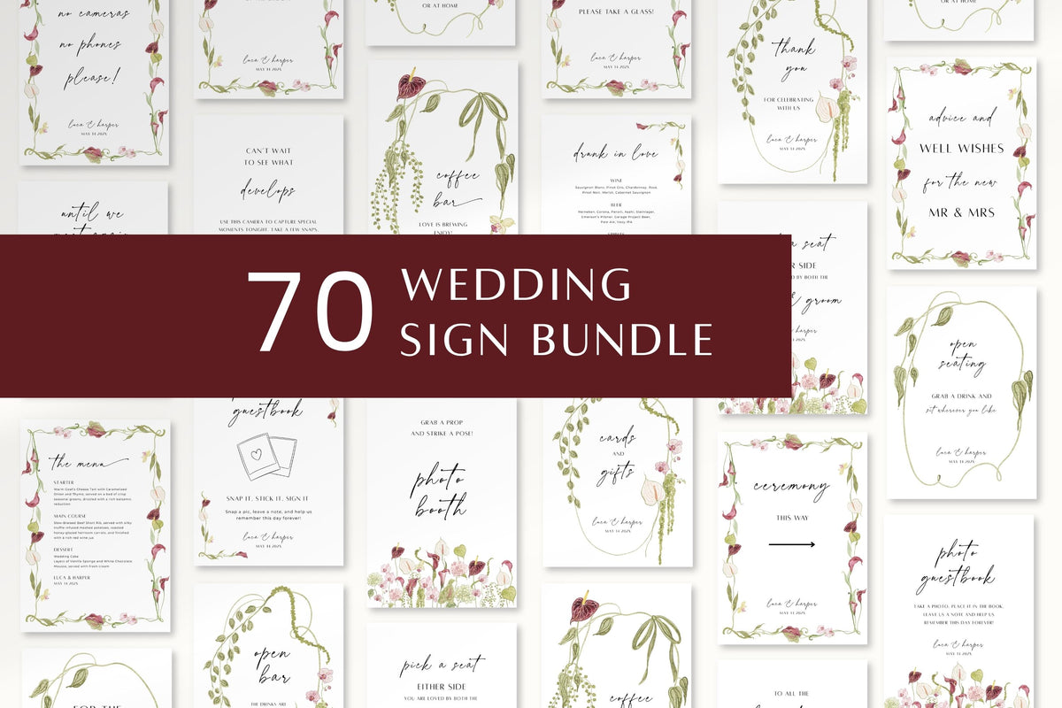 Editable floral wedding sign bundle with 70 coordinated printable wedding signs, featuring pink flowers, green botanical borders and elegant script for a romantic garden wedding.