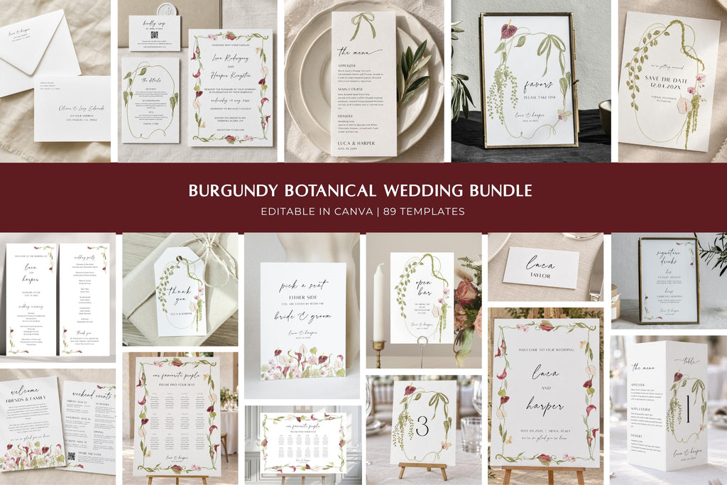 Burgundy botanical wedding template bundle with editable floral wedding invitations, welcome signs, seating chart, menus and matching stationery, featuring romantic calla lily flowers and green foliage for a coordinated wedding.