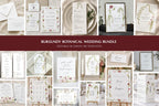 Burgundy botanical wedding template bundle with editable floral wedding invitations, welcome signs, seating chart, menus and matching stationery, featuring romantic calla lily flowers and green foliage for a coordinated wedding.