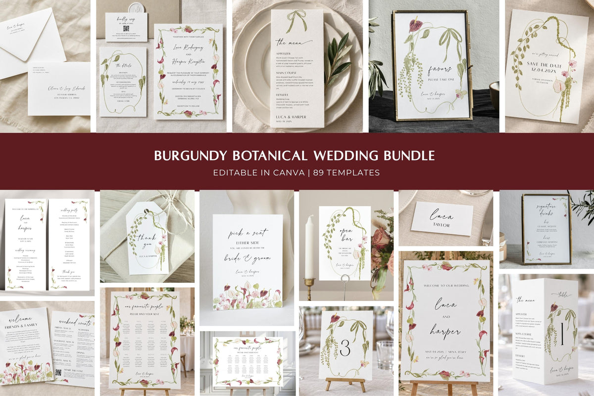 Burgundy botanical wedding template bundle with editable floral wedding invitations, welcome signs, seating chart, menus and matching stationery, featuring romantic calla lily flowers and green foliage for a coordinated wedding.
