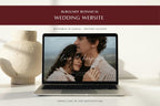 Modern botanical wedding website template displayed on a laptop, with a romantic couple photo and elegant burgundy and cream design for a stylish wedding website homepage.