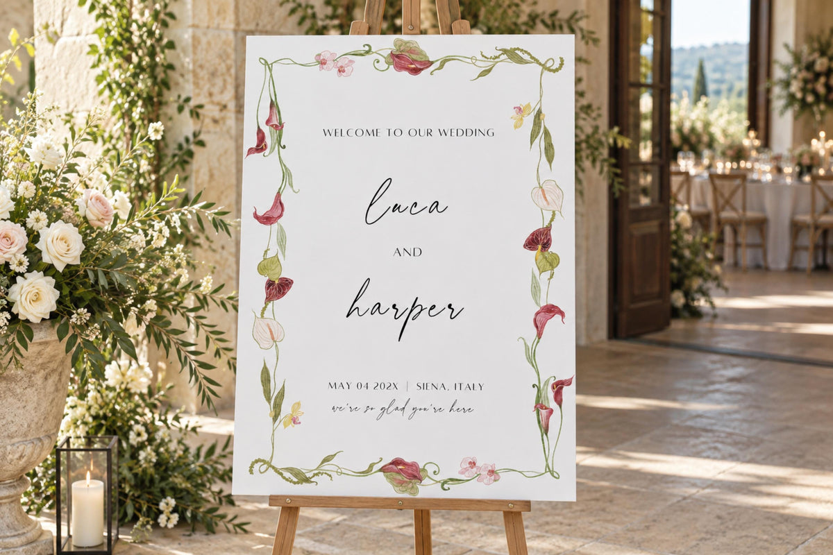Editable floral wedding welcome sign template with burgundy orchid flowers, elegant botanical wedding signage, printable Canva welcome sign for ceremony entrance