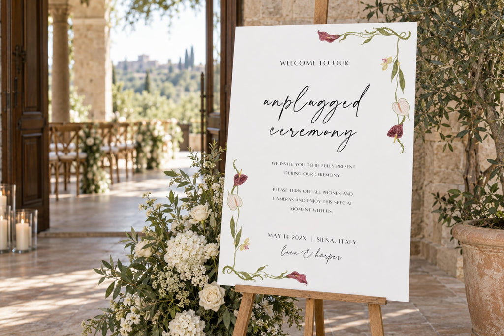 Floral wedding order of events sign on a wooden easel at an outdoor ceremony, featuring a burgundy calla lily and greenery border, elegant script heading and an editable wedding day timeline.
