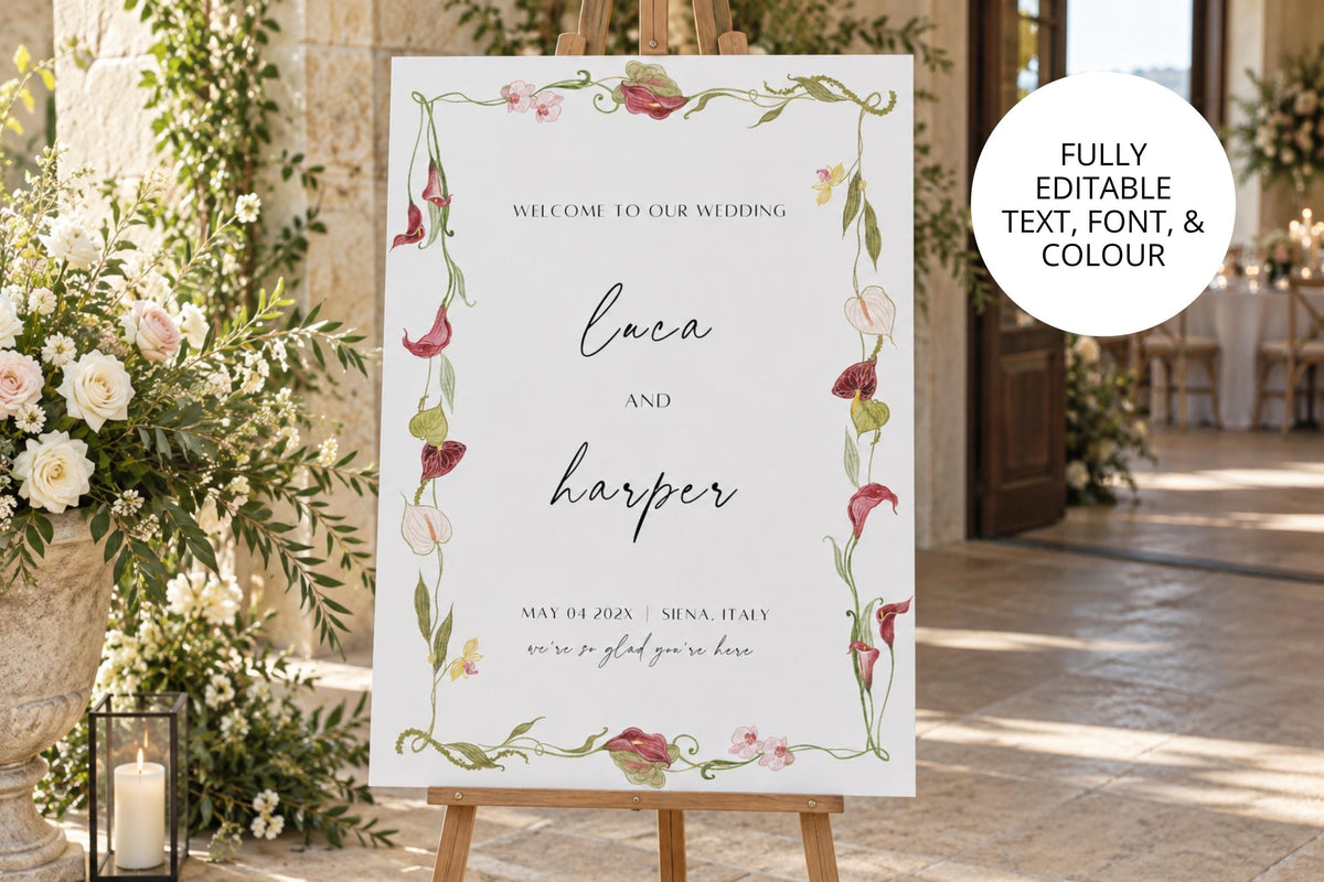 Burgundy botanical wedding welcome sign displayed on a wooden easel at a garden ceremony, featuring personalised couple names, romantic script lettering and a floral border with editable text, fonts and colours.
