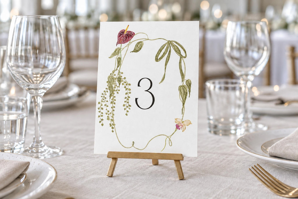 Burgundy botanical wedding table number template displayed on a miniature wooden easel at a reception table, featuring a large black numeral surrounded by a delicate green foliage and calla lily border.