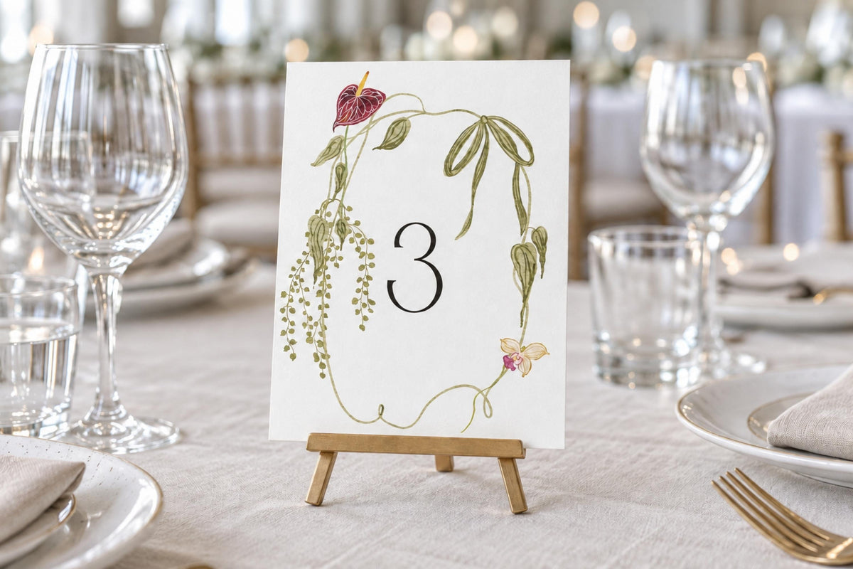 Burgundy botanical wedding table number template displayed on a miniature wooden easel at a reception table, featuring a large black numeral surrounded by a delicate green foliage and calla lily border.