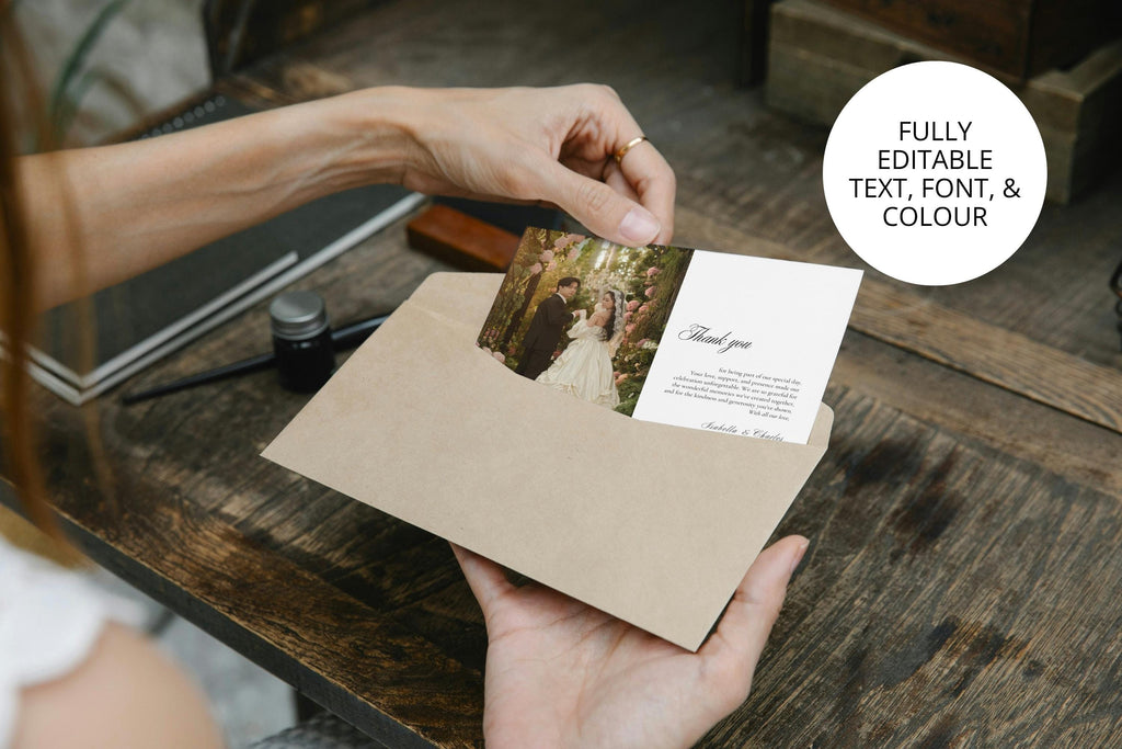 Editable wedding thank you card shown with kraft envelope, modern wedding photo thank you card template, printable Canva wedding stationery, elegant minimalist wedding thank you card