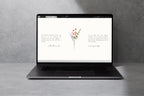 Wildflower wedding website template homepage displayed on laptop mockup, modern minimalist wedding website design editable in Canva