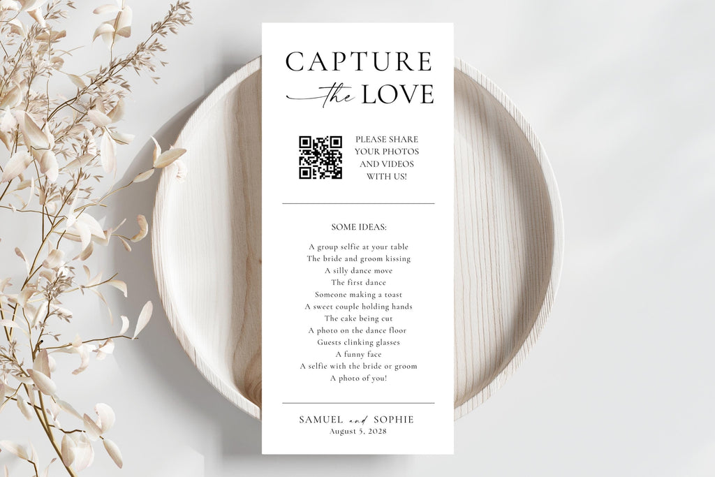 Capture the Love wedding QR code sign on neutral plate flatlay, printable photo sharing game, modern minimalist design, editable template