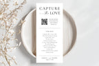 Capture the Love wedding QR code sign on neutral plate flatlay, printable photo sharing game, modern minimalist design, editable template