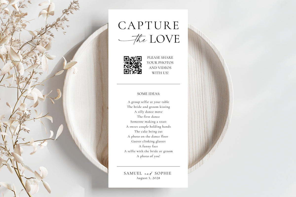 Capture the Love wedding QR code sign on neutral plate flatlay, printable photo sharing game, modern minimalist design, editable template