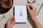 Sage green wedding table number template viewed from above, held over a textured neutral table beside a drink and cutlery, with refined serif typography for understated old money wedding reception décor.