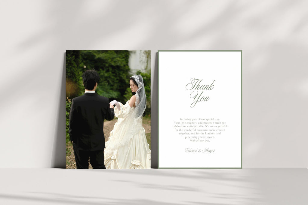 Classic wedding photo thank you card and sage green message card displayed upright on a white ledge, with soft natural shadows highlighting the minimalist old money wedding stationery design.