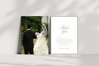 Classic wedding photo thank you card and sage green message card displayed upright on a white ledge, with soft natural shadows highlighting the minimalist old money wedding stationery design.