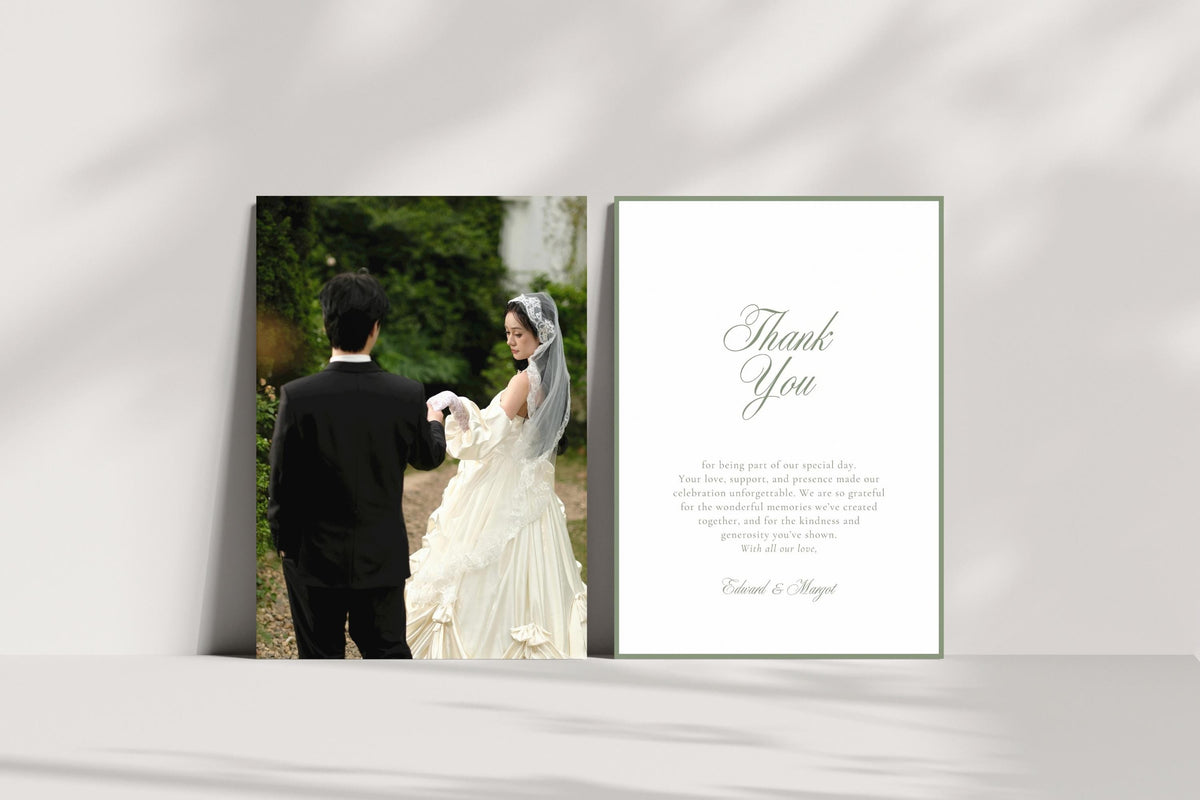 Classic wedding photo thank you card and sage green message card displayed upright on a white ledge, with soft natural shadows highlighting the minimalist old money wedding stationery design.