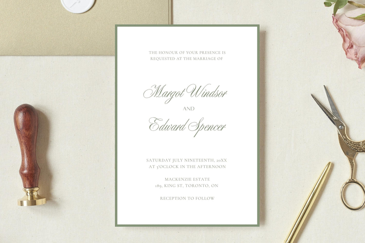 Traditional wedding invitation with sage green script names and a fine green border on white, styled with a wax seal stamp, envelopes and gold scissors. Elegant old money wedding stationery design.