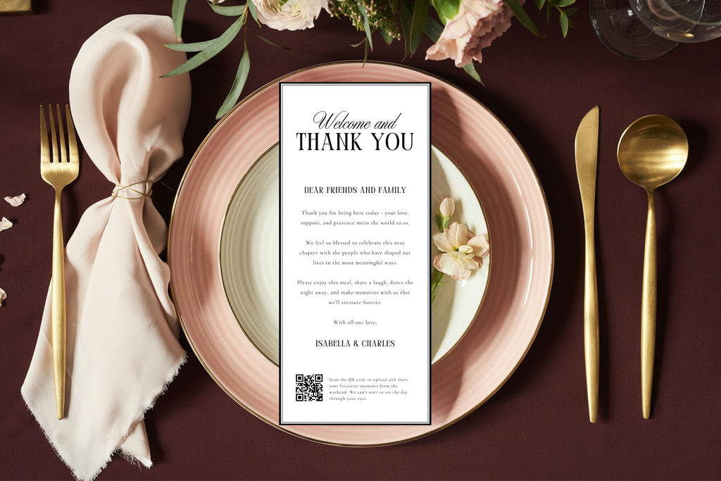 Elegant wedding thank you letter printable template on romantic blush wedding tablescape, editable Canva wedding guest thank you note, minimalist wedding reception stationery, luxury wedding table setting printable