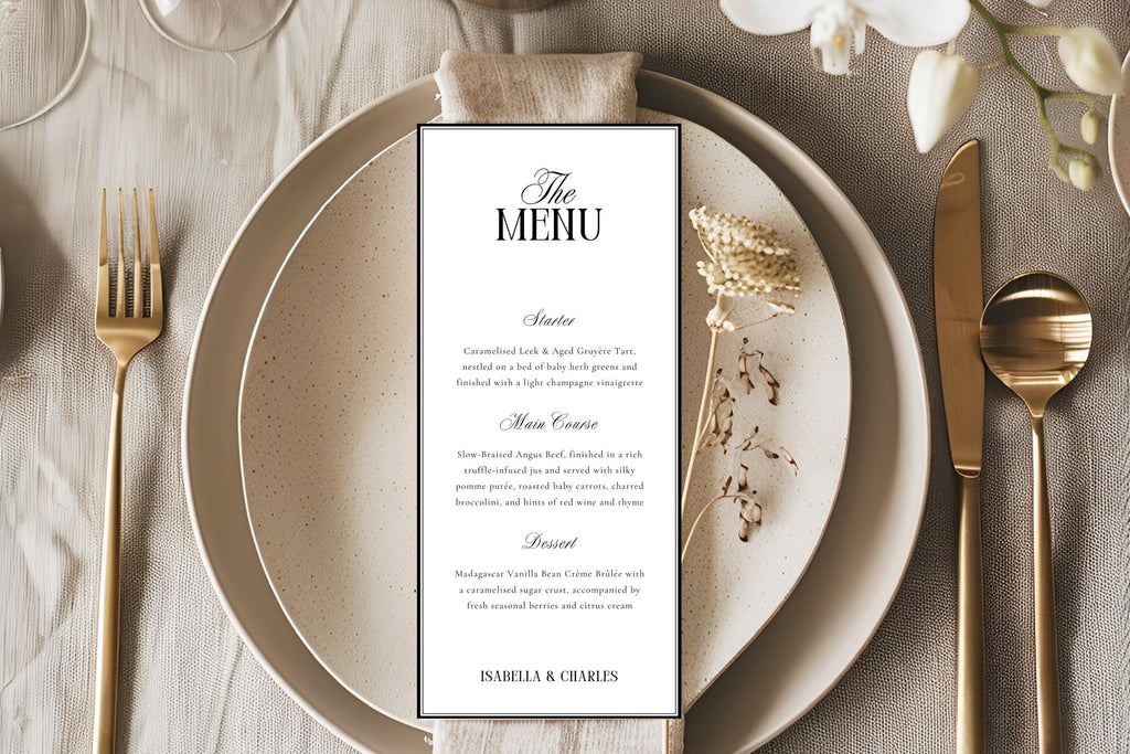 Elegant wedding menu card displayed on beige ceramic plates with gold flatware, editable old money wedding menu template, printable tall 4x9 reception menu with serif and script fonts.