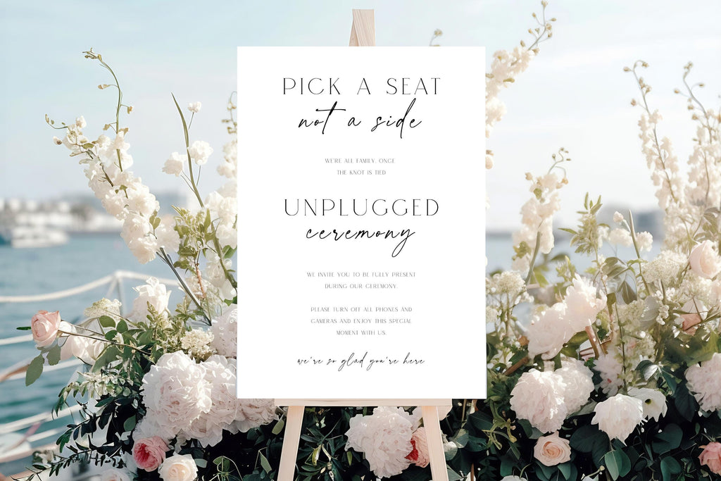 Unplugged ceremony sign template at outdoor wedding ceremony, editable Canva wedding signage, pick a seat not a side wedding sign, printable wedding entrance decor, modern minimalist ceremony sign download