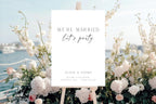 Coastal wedding welcome sign mockup, elegant beach wedding reception signage, modern ocean wedding decor printable, luxury editable Canva wedding sign template, minimalist seaside wedding entrance poster, classy destination wedding sign