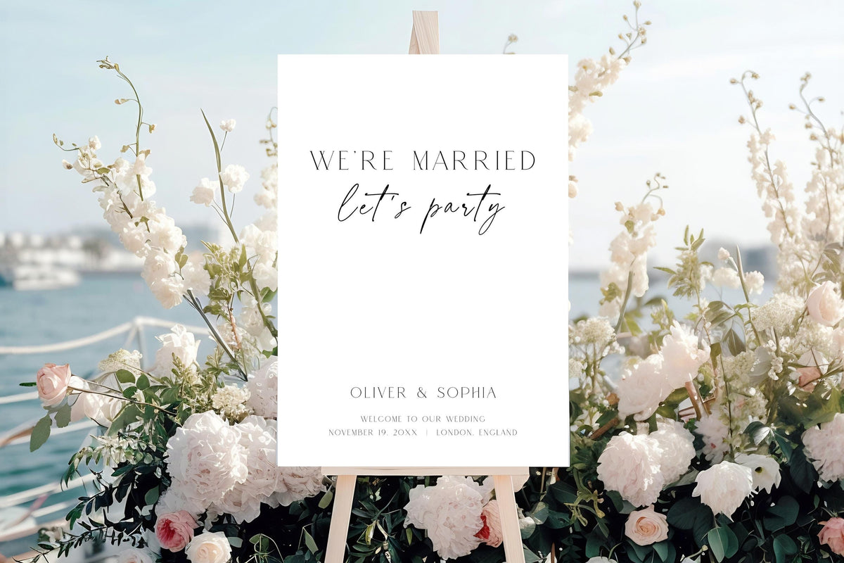 Coastal wedding welcome sign mockup, elegant beach wedding reception signage, modern ocean wedding decor printable, luxury editable Canva wedding sign template, minimalist seaside wedding entrance poster, classy destination wedding sign