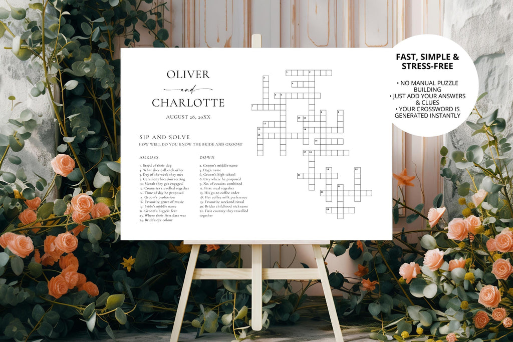 Sip and solve wedding crossword sign with personalised names and date, elegant printable wedding game displayed at ceremony entrance, modern neutral wedding signage idea