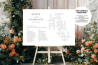 Sip and solve wedding crossword sign with personalised names and date, elegant printable wedding game displayed at ceremony entrance, modern neutral wedding signage idea