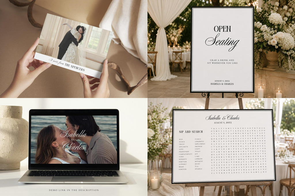 Editable old money wedding stationery bundle featuring welcome sign, seating chart, invitation suite, wedding program and Canva wedding templates