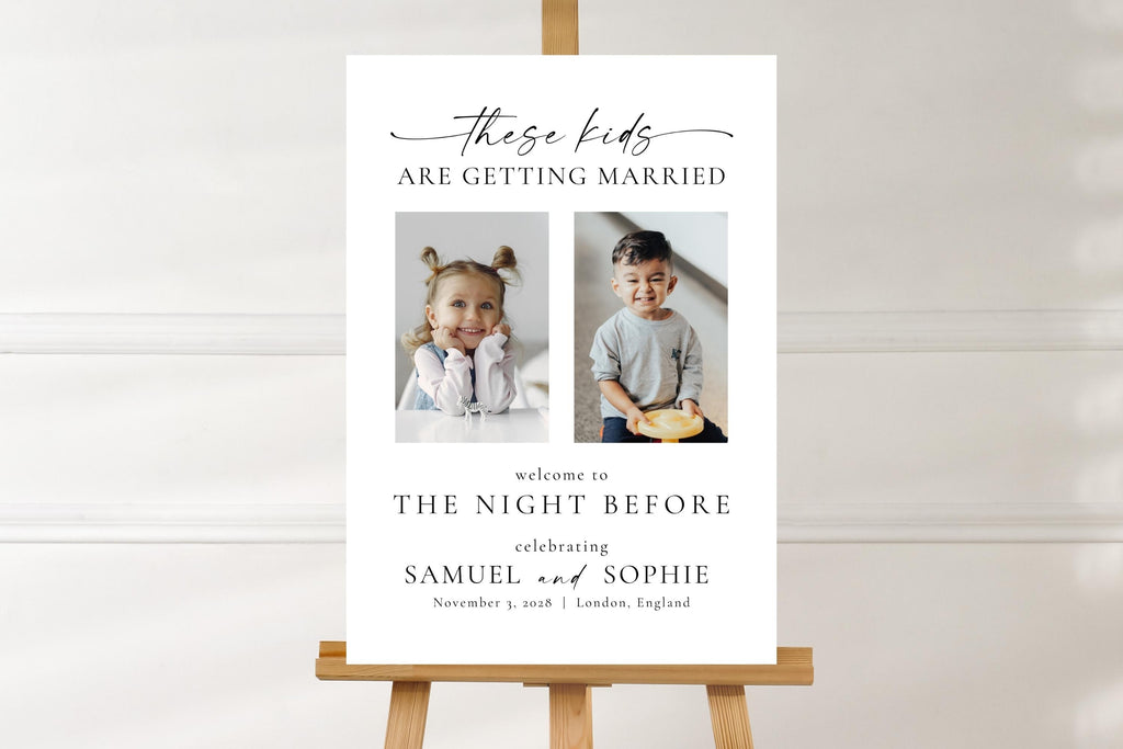 Modern minimalist These Kids Are Getting Married sign template displayed on easel, editable rehearsal dinner photo welcome sign, printable Canva wedding sign