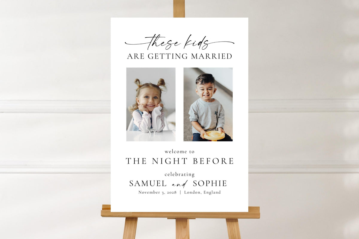 Modern minimalist These Kids Are Getting Married sign template displayed on easel, editable rehearsal dinner photo welcome sign, printable Canva wedding sign