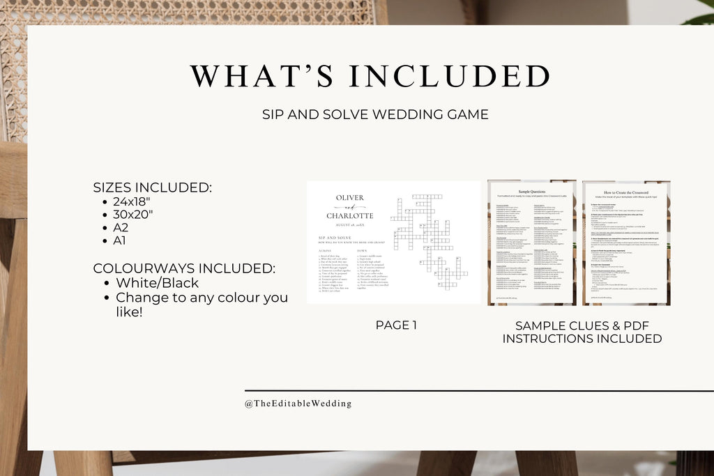 What’s included overview for sip and solve wedding crossword game, printable wedding activity with multiple sizes and colour options, editable Canva wedding game download