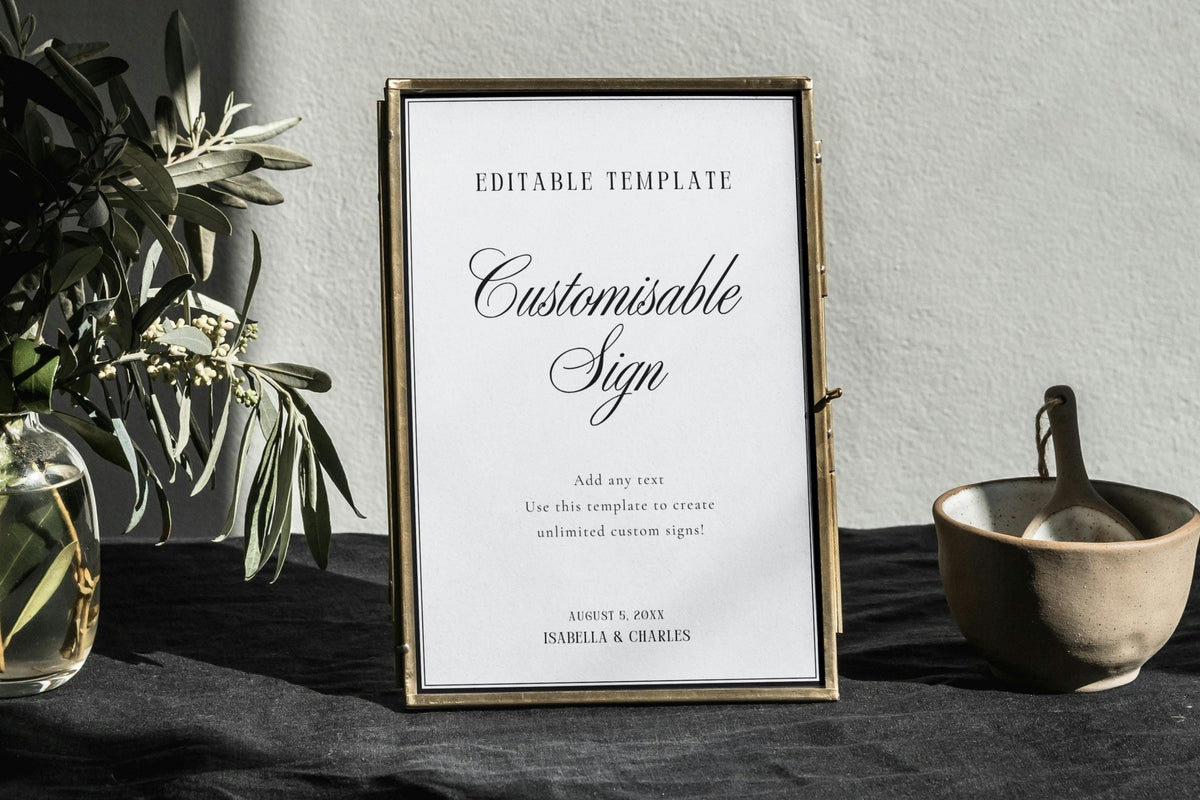 Elegant printable wedding sign template with black linen styling, editable wedding welcome sign Canva template, modern wedding signage printable, instant download