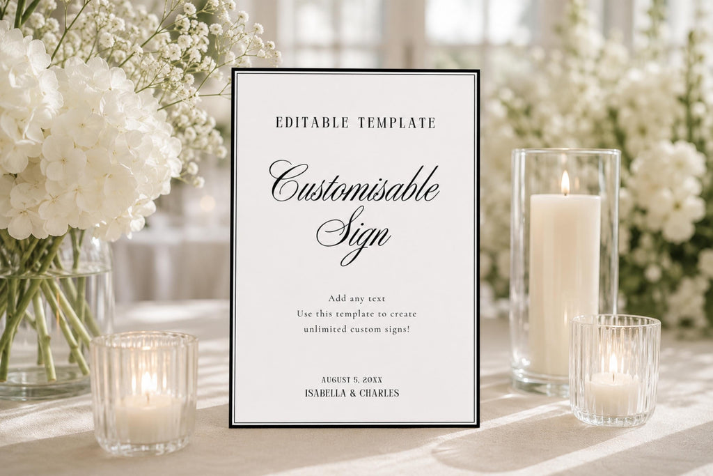 Minimalist editable wedding sign template displayed on elegant wedding table with candles, printable wedding welcome sign Canva template, modern wedding signage, instant download
