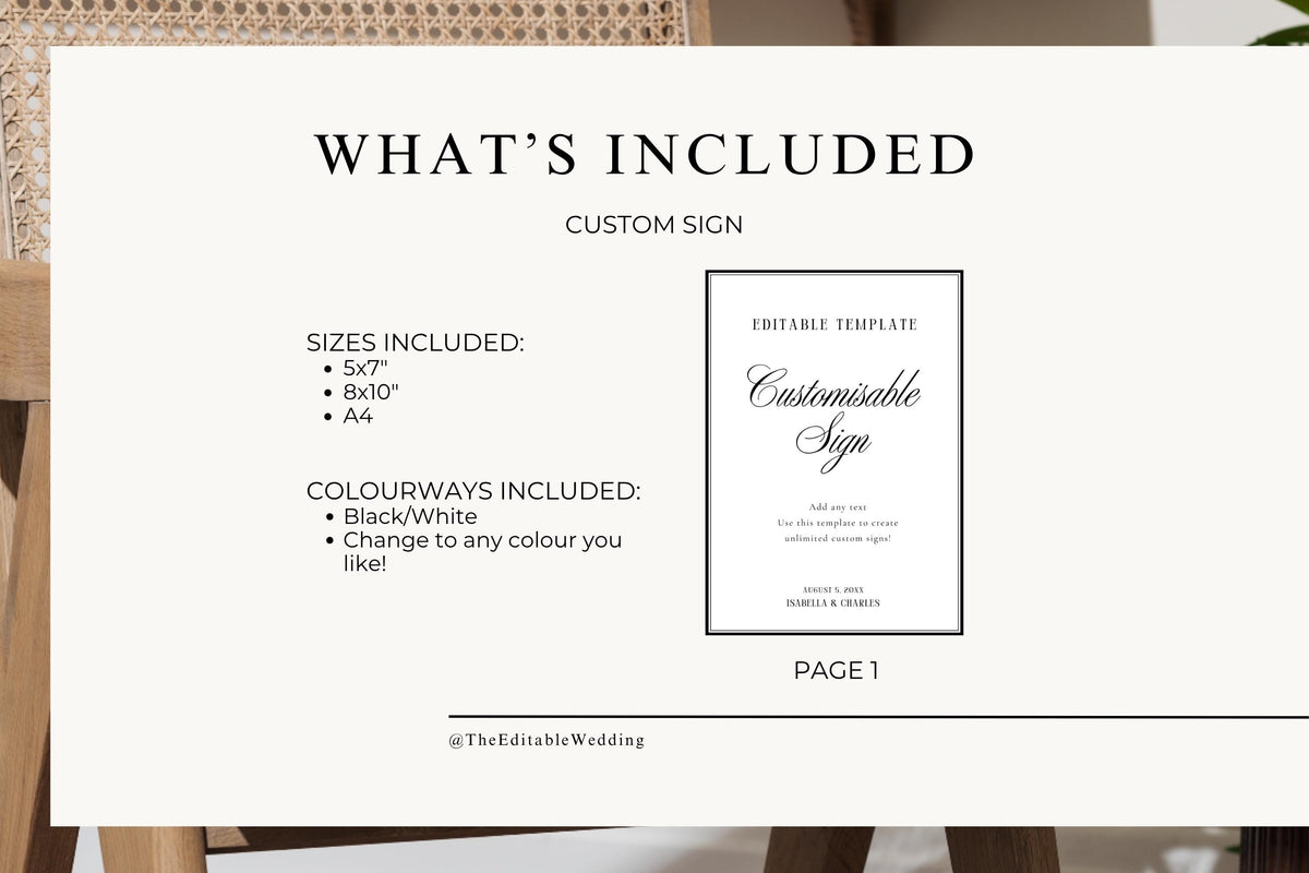 What's included editable wedding sign Canva template, printable wedding welcome sign sizes included, instant download wedding signage, customizable wedding template