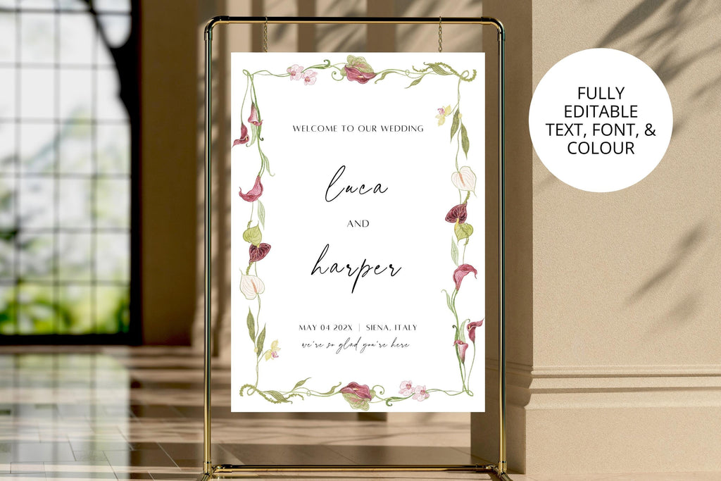 Fully editable floral wedding welcome sign Canva template, burgundy orchid botanical design with customizable text, font and colour for elegant wedding decor