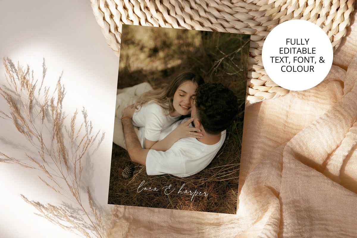 Editable photo save the date wedding template with romantic couple picture and botanical floral card, elegant garden wedding announcement Canva design