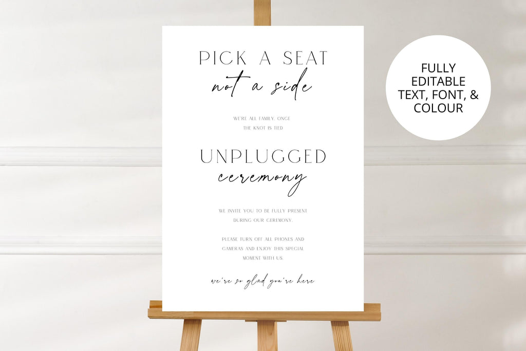 Editable unplugged ceremony sign template Canva, minimalist wedding sign printable, modern black and white wedding ceremony decor, instant download wedding entrance sign, pick a seat not a side template