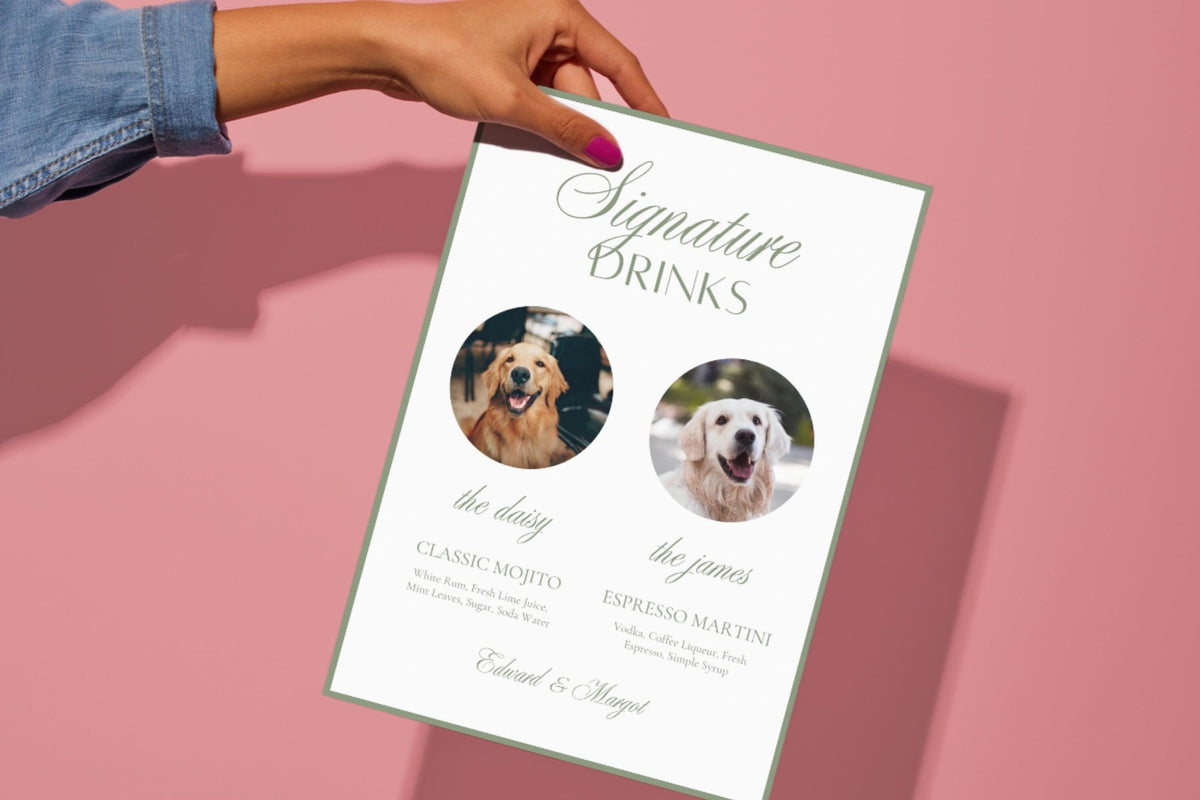 Sage green signature drinks wedding sign featuring custom drink names and couple photos, styled as a personalised wedding cocktail menu for the reception bar.
