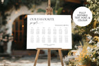 Dark moody outdoor wedding seating chart on easel, editable text, font and colour, Our Favourite People Canva sign for reception decor.