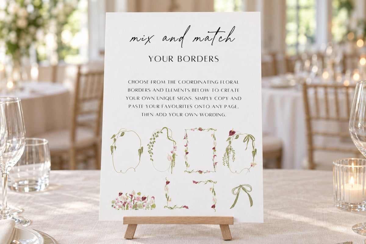 Mix and match floral wedding sign borders displayed on a tabletop easel, featuring botanical frames, illustrated bows and pink flowers for creating personalised wedding signage.