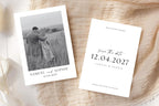 Minimalist wedding photo save the date card Canva template shown in natural flatlay setting, fully customizable double sided printable invite for modern couples.