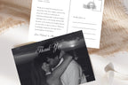 Close-up of a romantic photo wedding thank you postcard template with script lettering, personalised names and an ivory address-side reverse, arranged with cream ribbon and textured fabric.