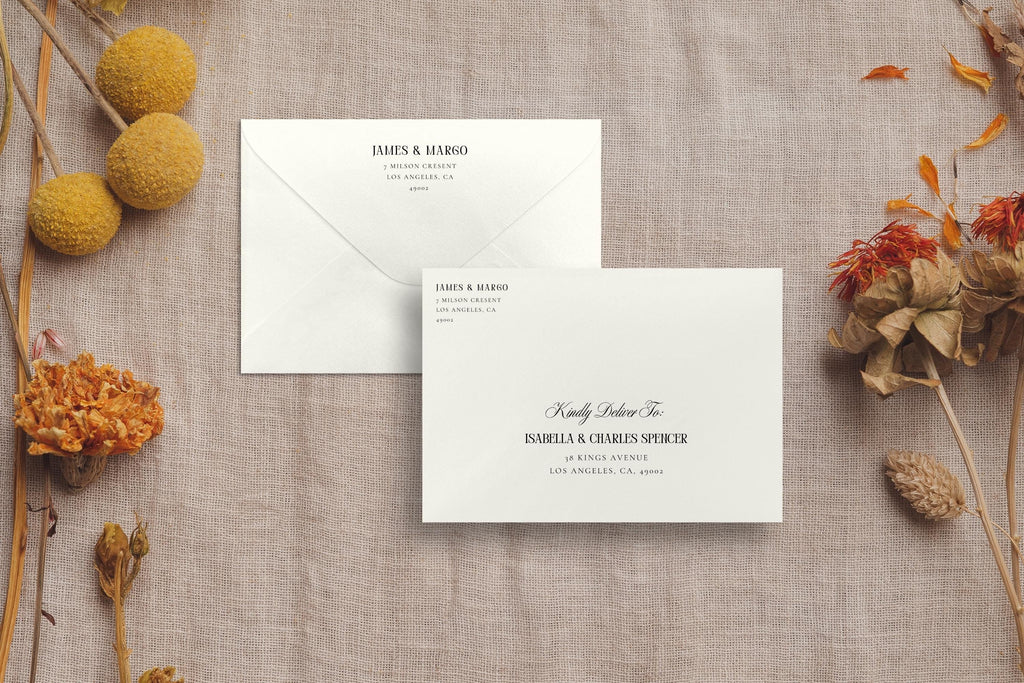 Neutral-toned wedding envelope addressing template displayed with dried florals, old money wedding invitation envelope design, editable Canva return and delivery address.