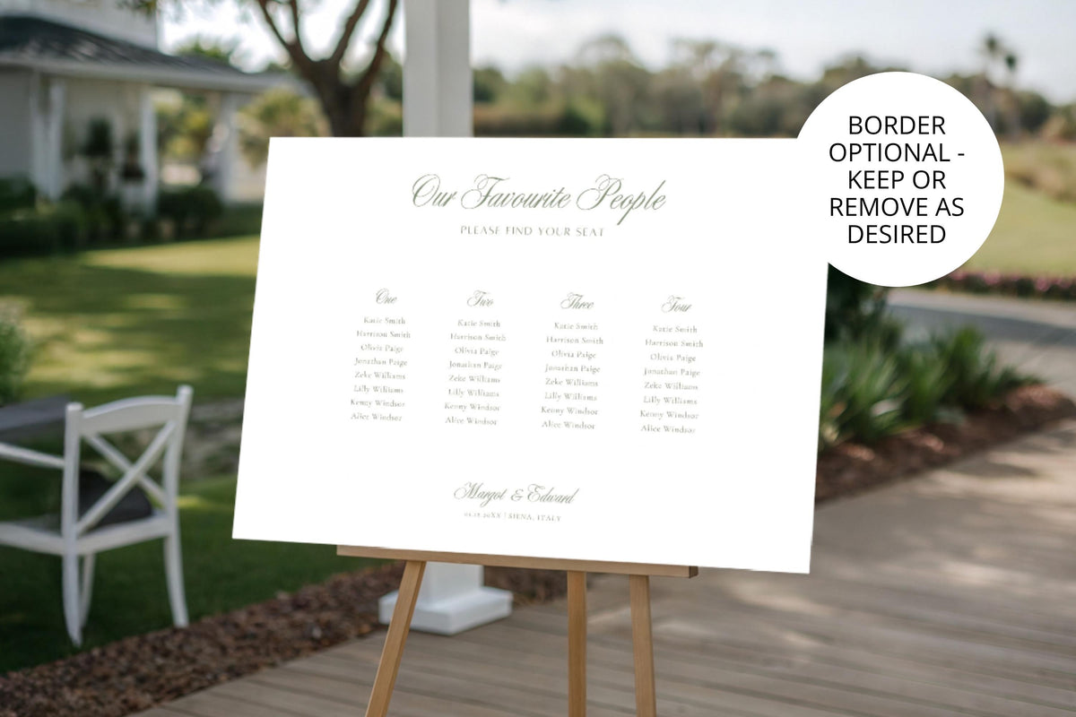 Sage green wedding seating chart sign on an easel beside white ceremony chairs, with a callout noting that the border can be kept or removed.