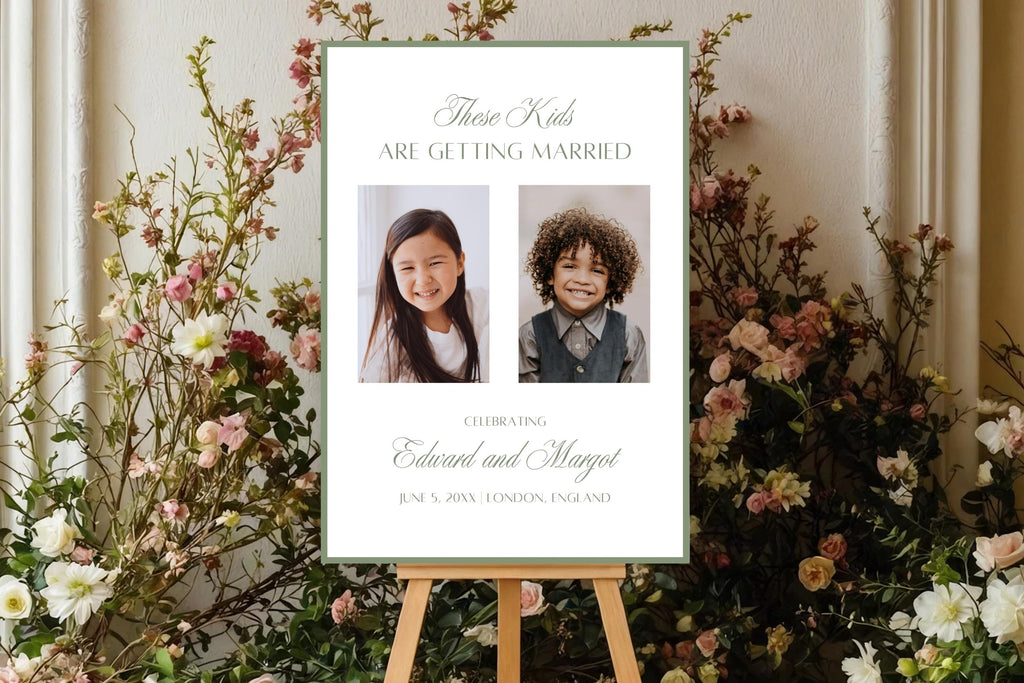 Sage green “These Kids Are Getting Married” wedding sign with two engagement photos displayed on an easel among romantic wedding flowers, personalised photo wedding welcome sign mockup.