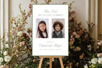 Sage green “These Kids Are Getting Married” wedding sign with two engagement photos displayed on an easel among romantic wedding flowers, personalised photo wedding welcome sign mockup.