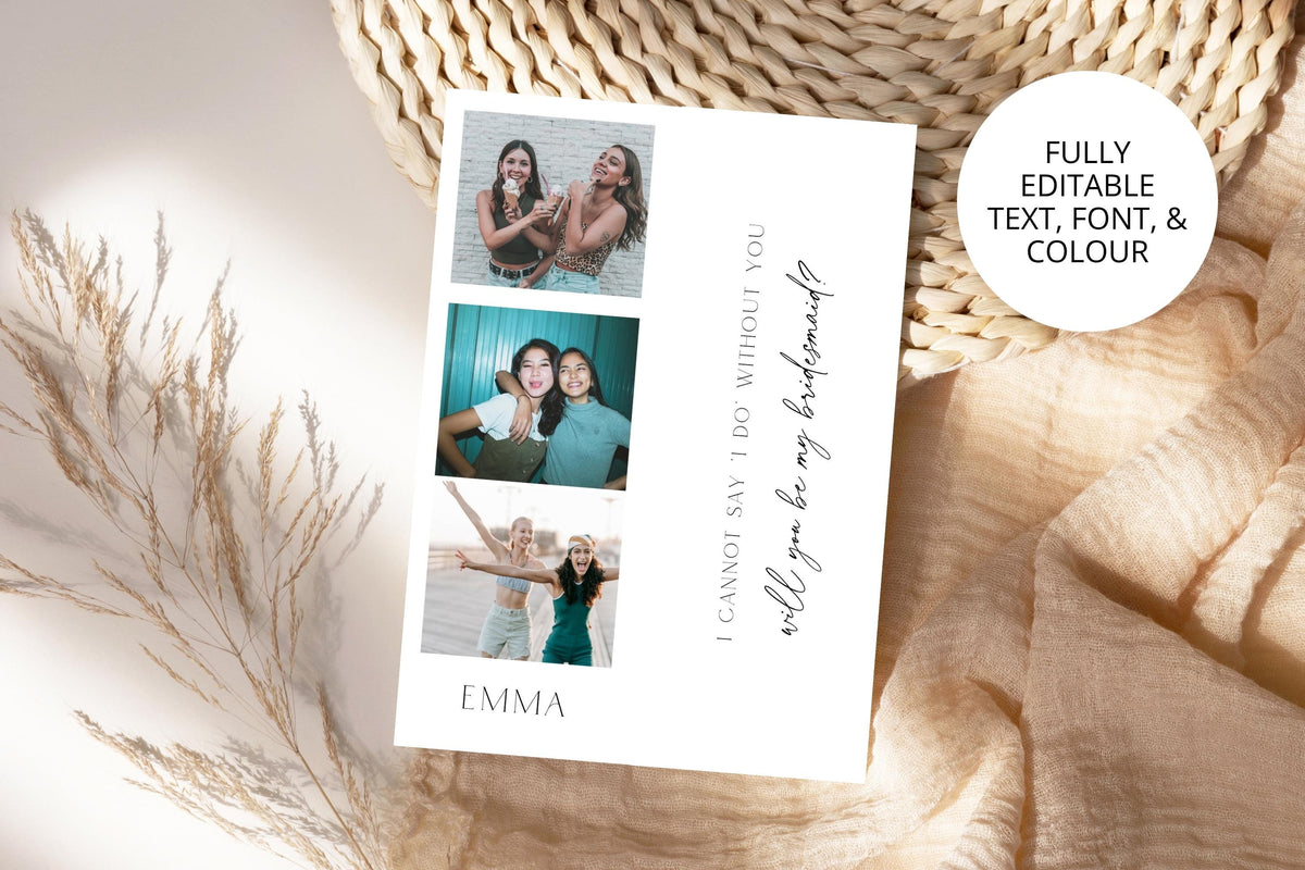 Personalised bridesmaid proposal bookmark template with photo strip design and custom proposal message, editable Canva wedding template, printable bridesmaid gift idea, bridal party proposal card, elegant wedding keepsake bookmark digital download.