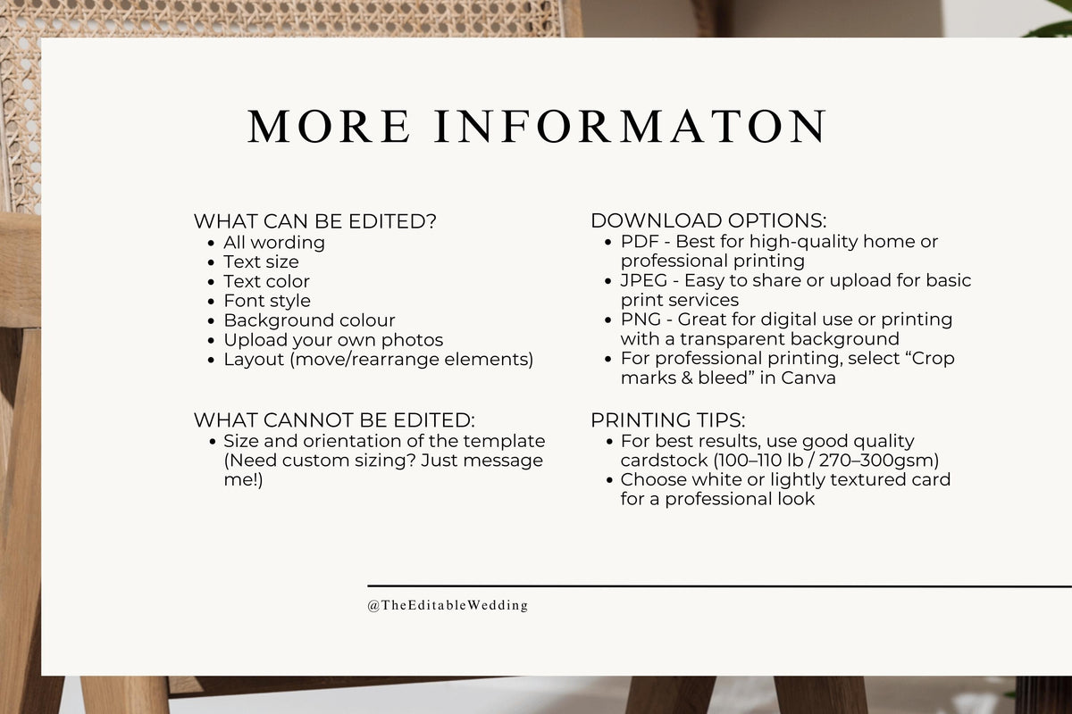 More information image explaining what can and cannot be edited in Canva wedding sign templates, including fonts, text, colours and layout for printable wedding signage