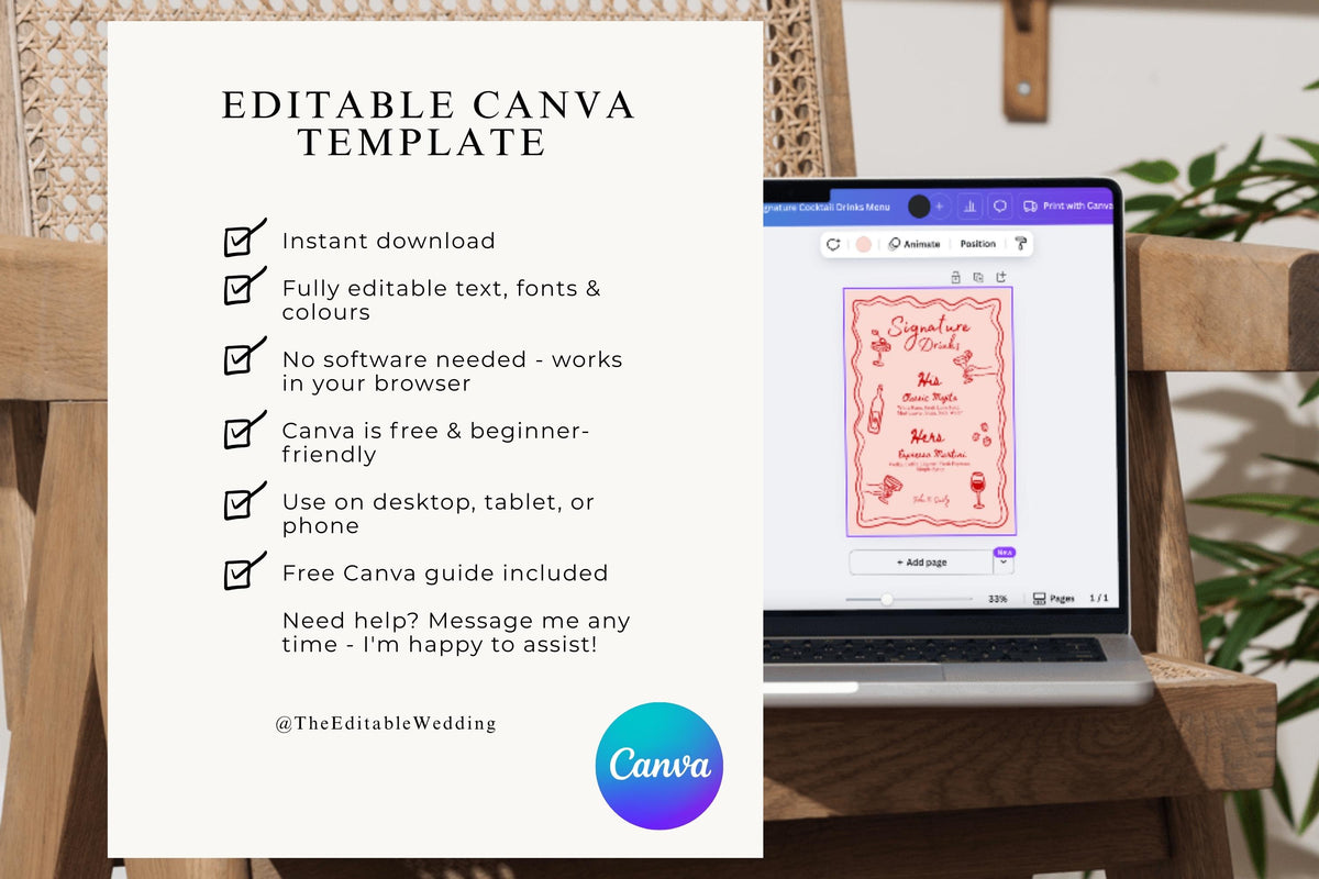 Editable Canva wedding website template feature list, instant download wedding website, beginner-friendly Canva website design, no coding required, mobile and desktop ready
